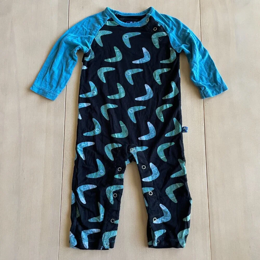KicKee Pants Bamboo Little Boys Print Coverall‎ w/ Snaps, Midnight Boomerang
